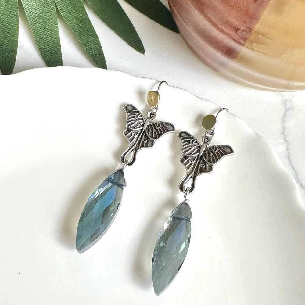 2/$30🌵 Luna Moth Butterfly Blue Crystal Earrings Dangle Witchy Rebirth Boho